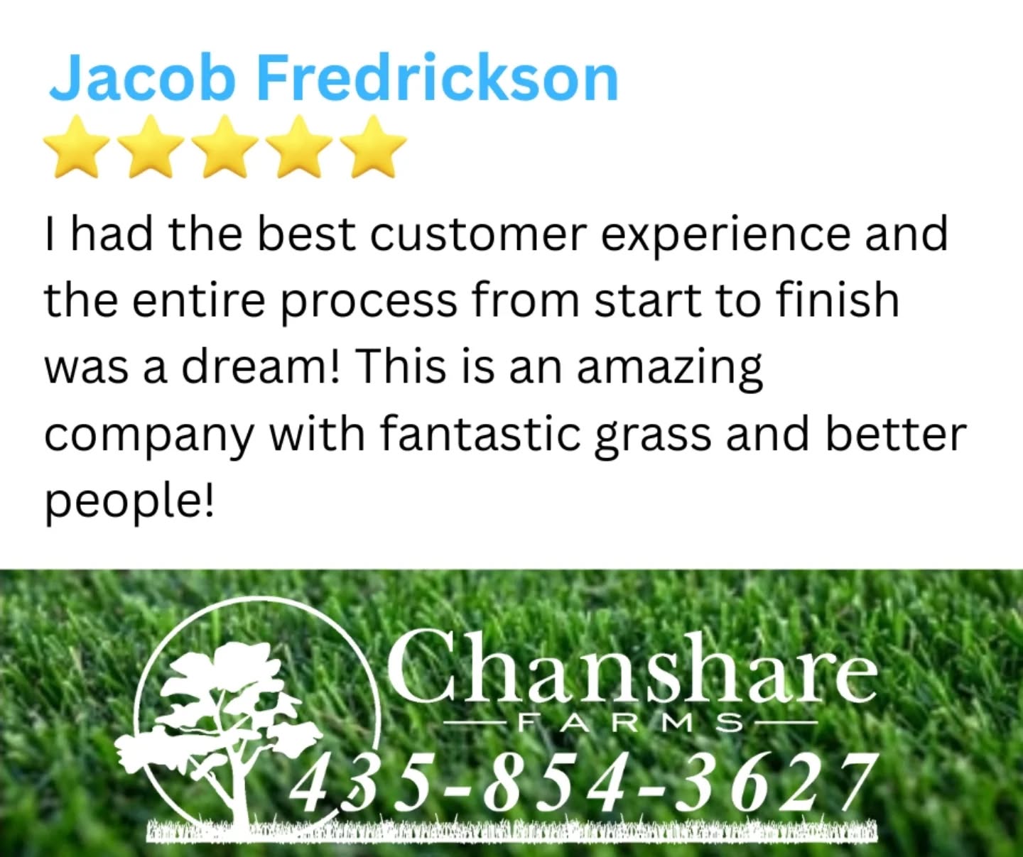 Thank you Jacob for the feedback! We strive to make the sod buying process seamless and your review means a lot to us! #chansharesod #chanshare #chansharefarms #waterwisesod #beutahful #droughttolerantlandscape #greenspacematters #grassisgood #lawnsofinstagram #twcacertified #TWCA #desertsagesod #sodfarmlife #learnyourlawn  #farmfresh #keepitreal #realgrassisbetter #turfgrass #UtahGrown