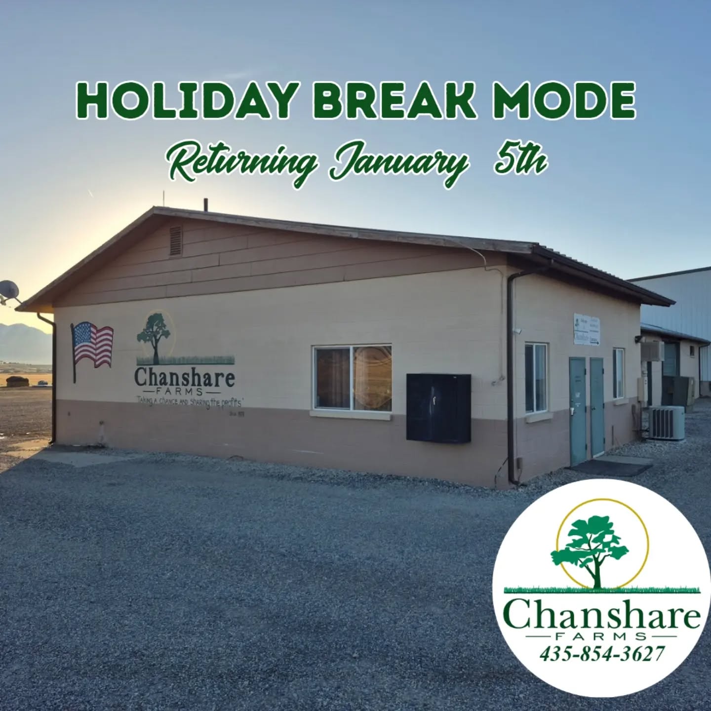 Our parking lot is quiet this week as our team enjoys a well-deserved holiday break. We’re currently closed, but you’re welcome to call and leave a message.
We’ll be back in the office on Monday, January 5th and will return all calls then. Wishing you a happy holiday season! #chansharesod #chansharefarms #grassisgood #waterwisesod #droughttolerantlandscape