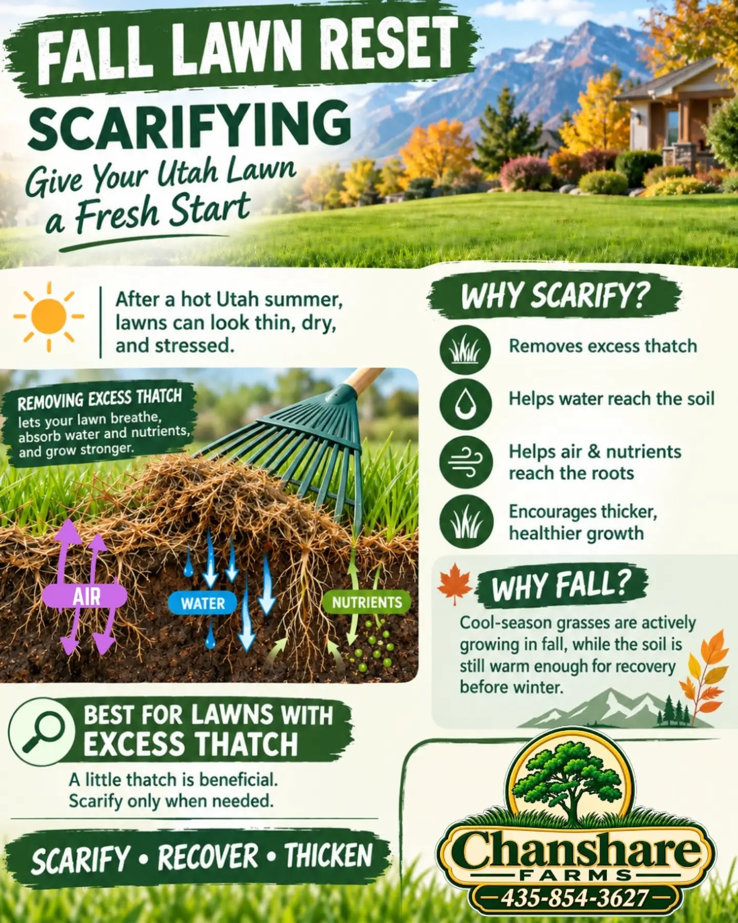 🍂 Give your lawn a fall reset!
If your grass is looking thin, tired, or stressed after a hot Utah summer, this weekend could be the perfect time to scarify!
