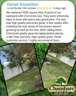 Thank you, Derek, for the ⭐️⭐️⭐️⭐️⭐️ review! We truly appreciate your kind words and are so pleased that you're happy with your sod. 
Thinking about a new lawn? Now is the perfect time to lay beautiful Chanshare sod and enjoy a lush, established lawn before winter!
#chansharefarms #chansharesod #greenspacematters #grassisgood #twcacertified