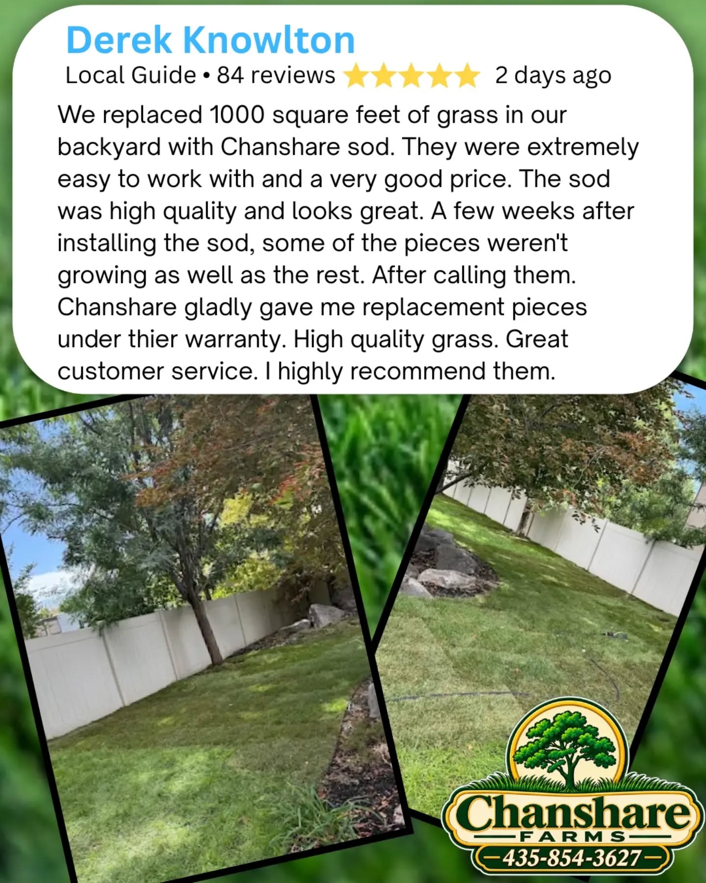 Thank you, Derek, for the ⭐️⭐️⭐️⭐️⭐️ review! We truly appreciate your kind words and are so pleased that you're happy with your sod. 
Thinking about a new lawn? Now is the perfect time to lay beautiful Chanshare sod and enjoy a lush, established lawn before winter!
#chansharefarms #chansharesod #greenspacematters #grassisgood #twcacertified